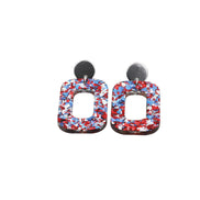 Red Silver Blue Glitter Oval Earrings