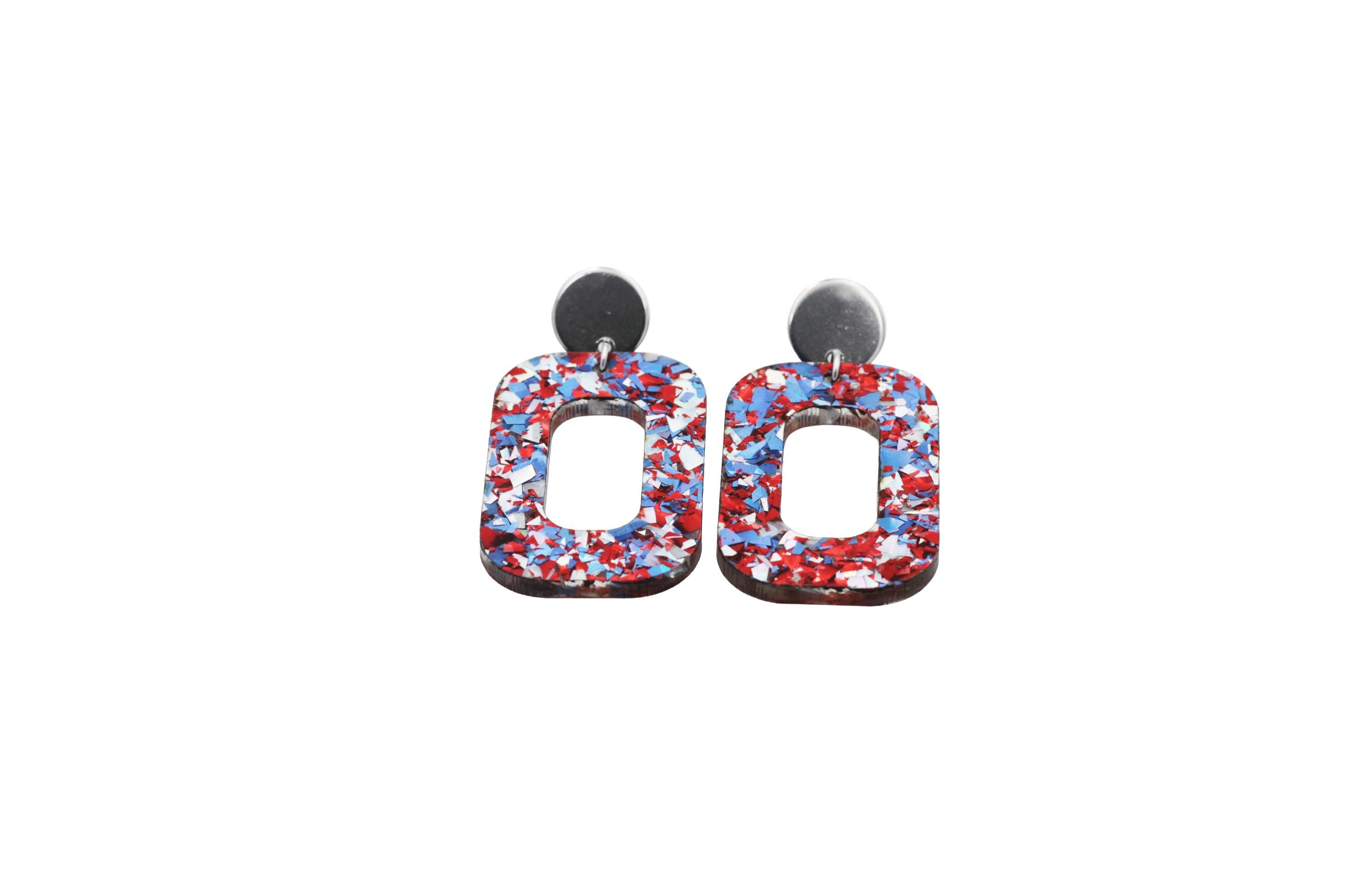 Red Silver Blue Glitter Oval Earrings