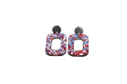 Red Silver Blue Glitter Oval Earrings