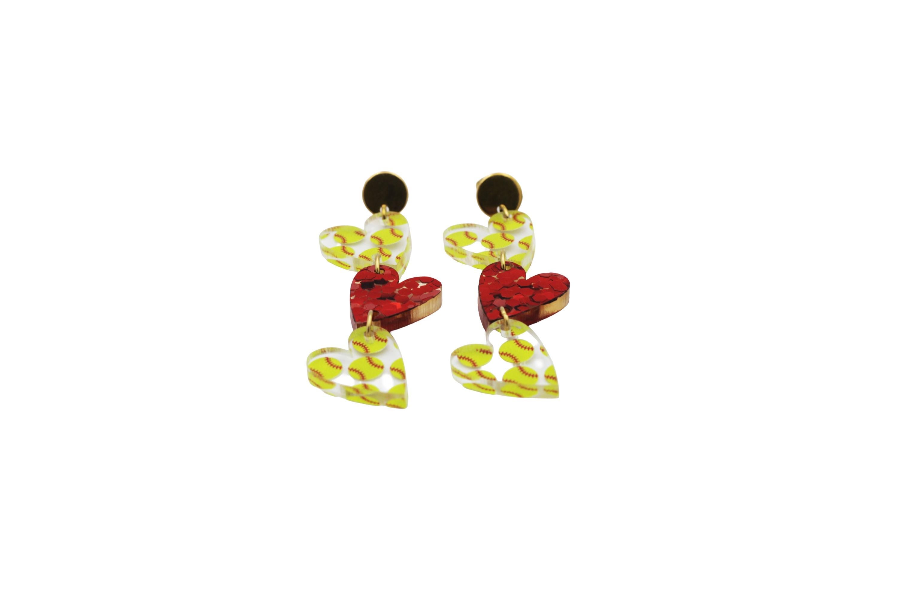 Softball Triple Heart Earrings
