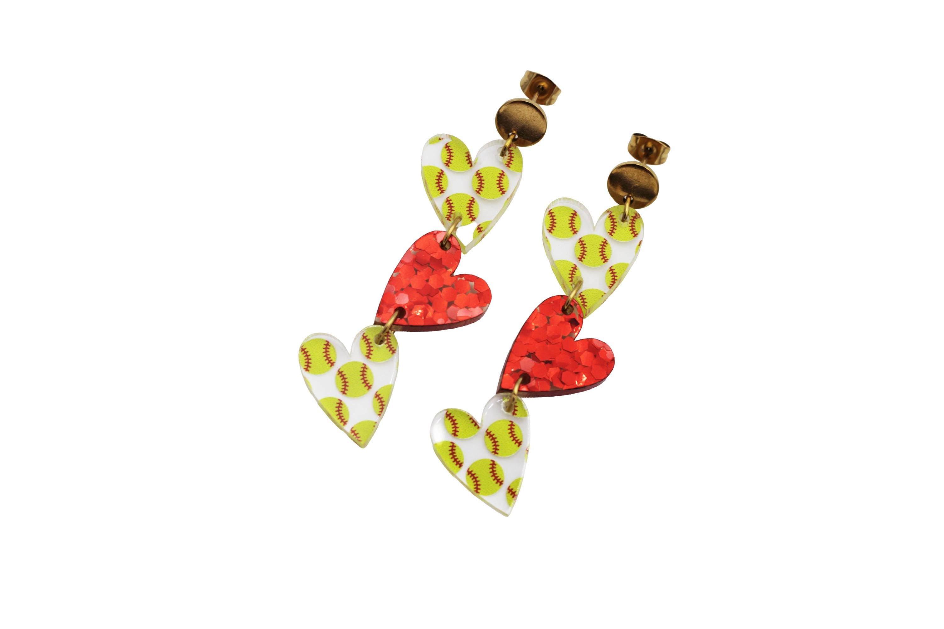 Softball Triple Heart Earrings