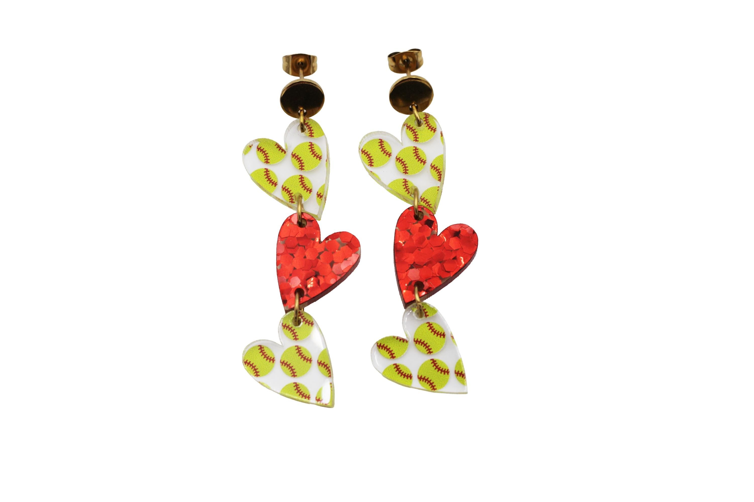 Softball Triple Heart Earrings