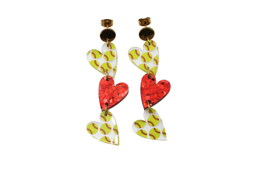 Softball Triple Heart Earrings