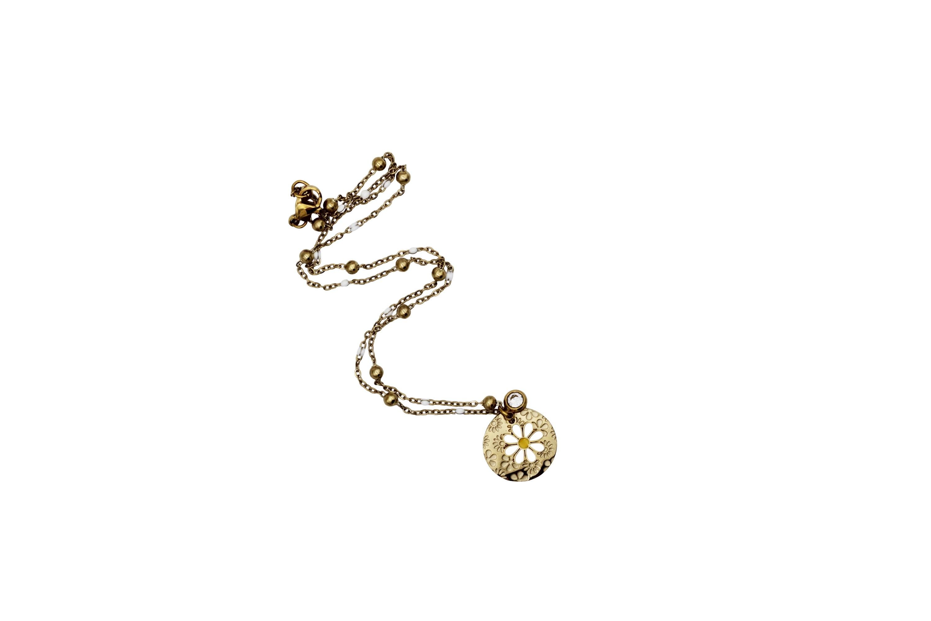 Gold Enamel Daisy & Flower Charm Necklace