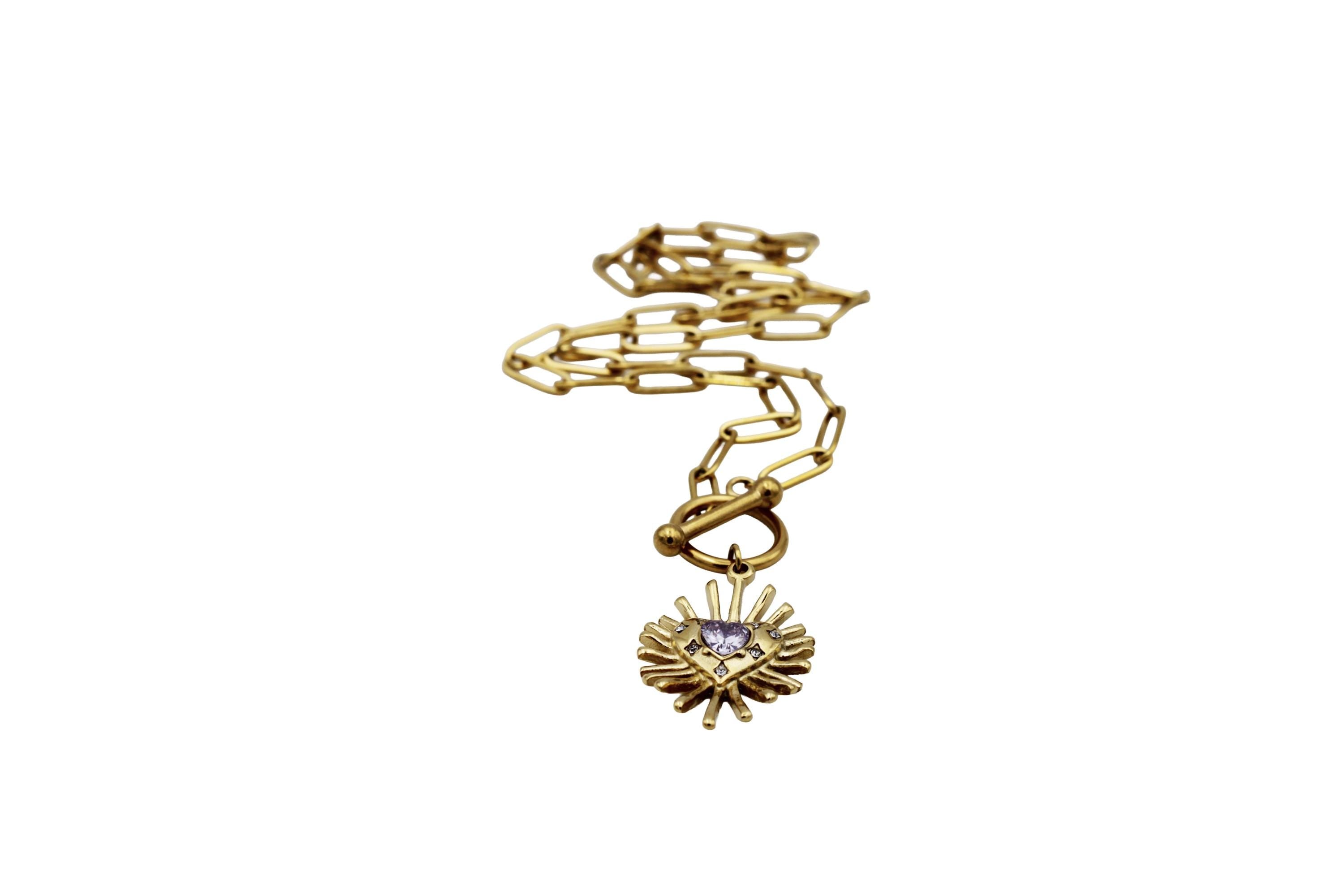 Gold Spikey Heart Rhinestone Toggle Necklace