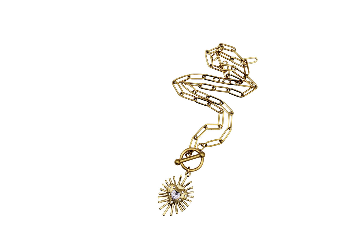 Gold Spikey Heart Rhinestone Toggle Necklace