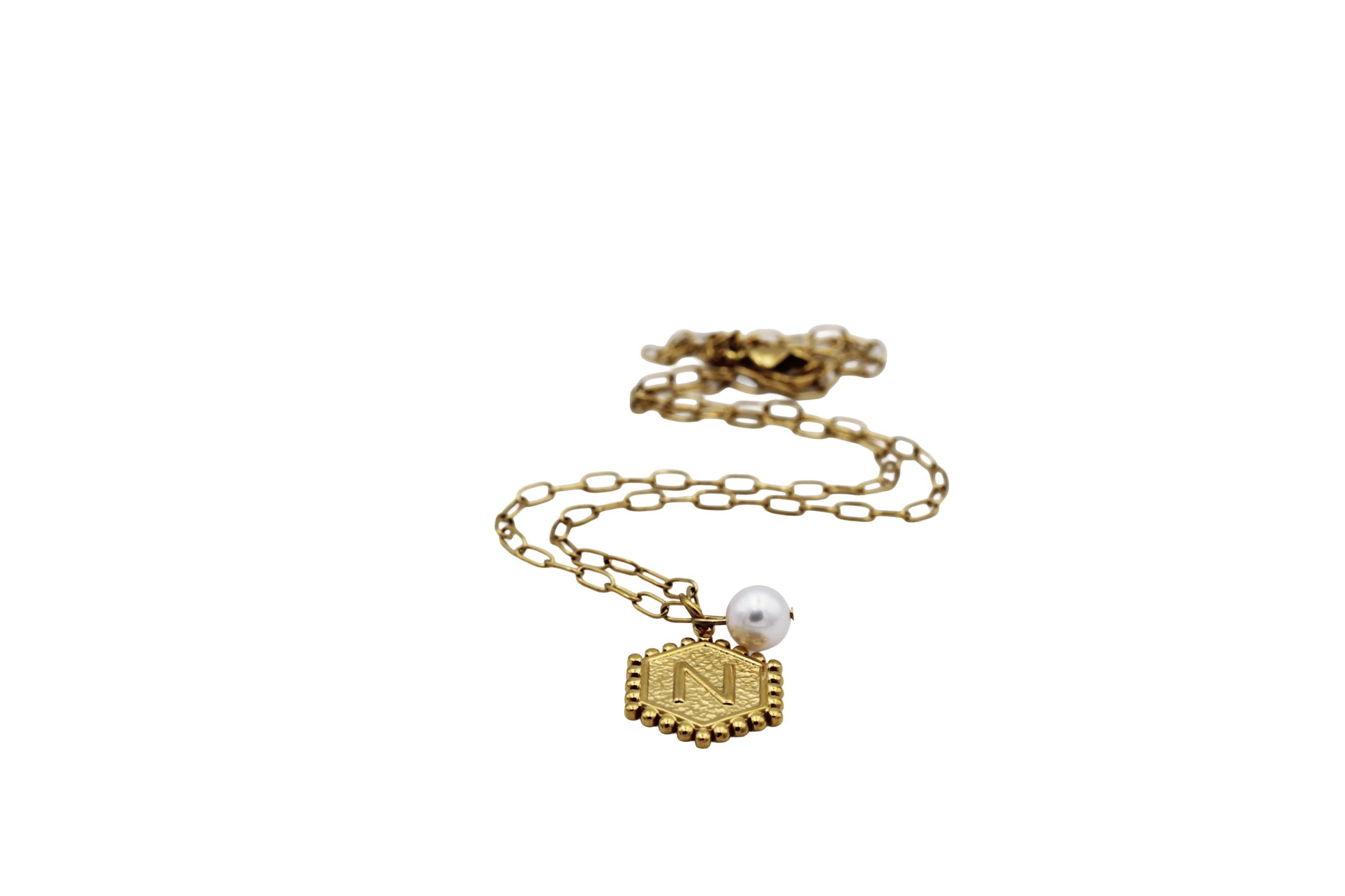Gold N and Heart Double Sided Charm & Pearl Necklace