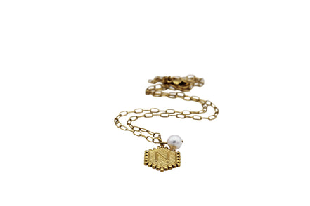 Gold N and Heart Double Sided Charm & Pearl Necklace