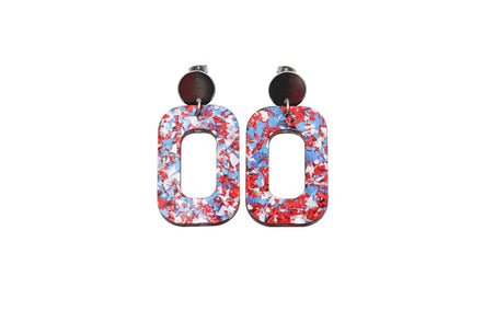 Red Silver Blue Glitter Oval Earrings