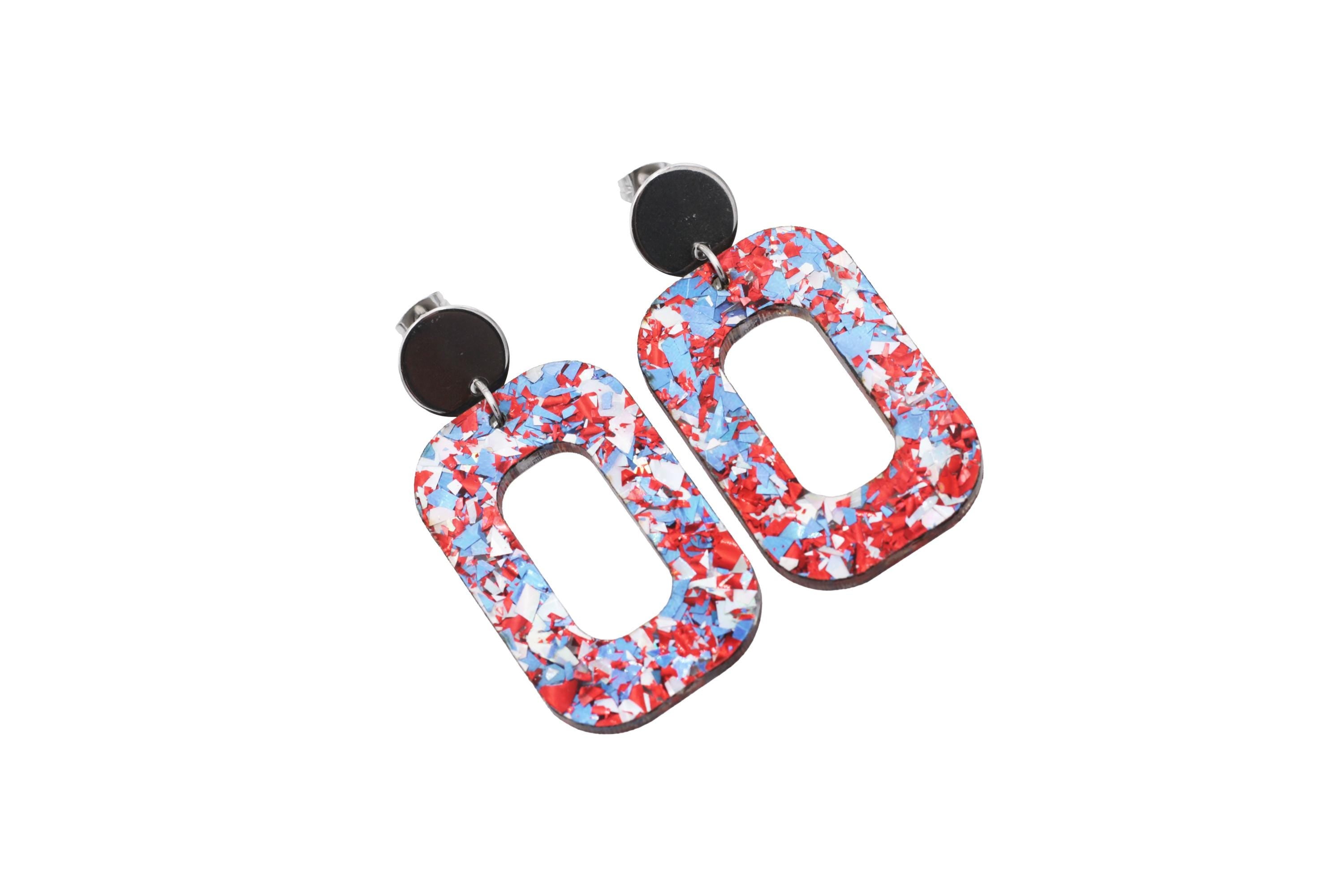 Red Silver Blue Glitter Oval Earrings