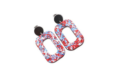 Red Silver Blue Glitter Oval Earrings
