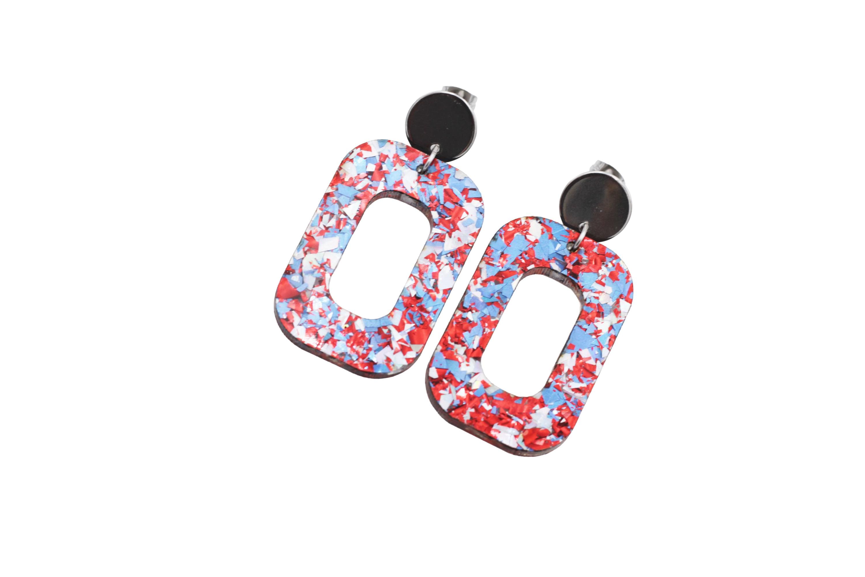 Red Silver Blue Glitter Oval Earrings