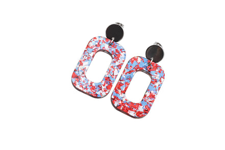 Red Silver Blue Glitter Oval Earrings