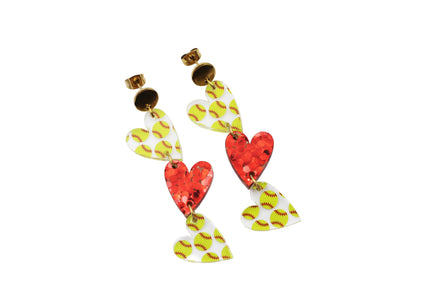 Softball Triple Heart Earrings