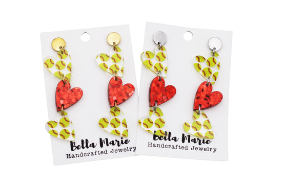 Softball Triple Heart Earrings