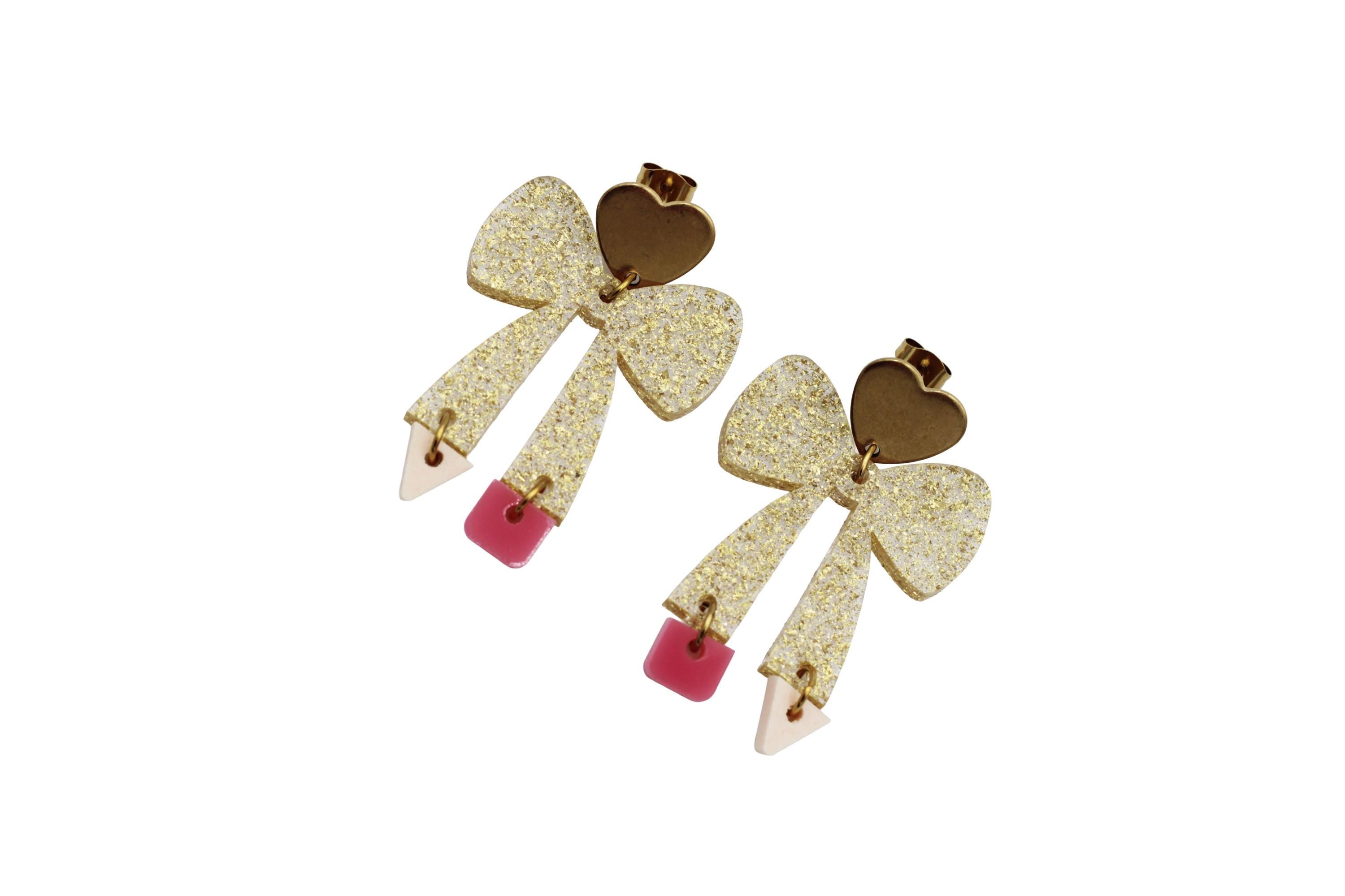 Glitter Pencil Bow Earrings