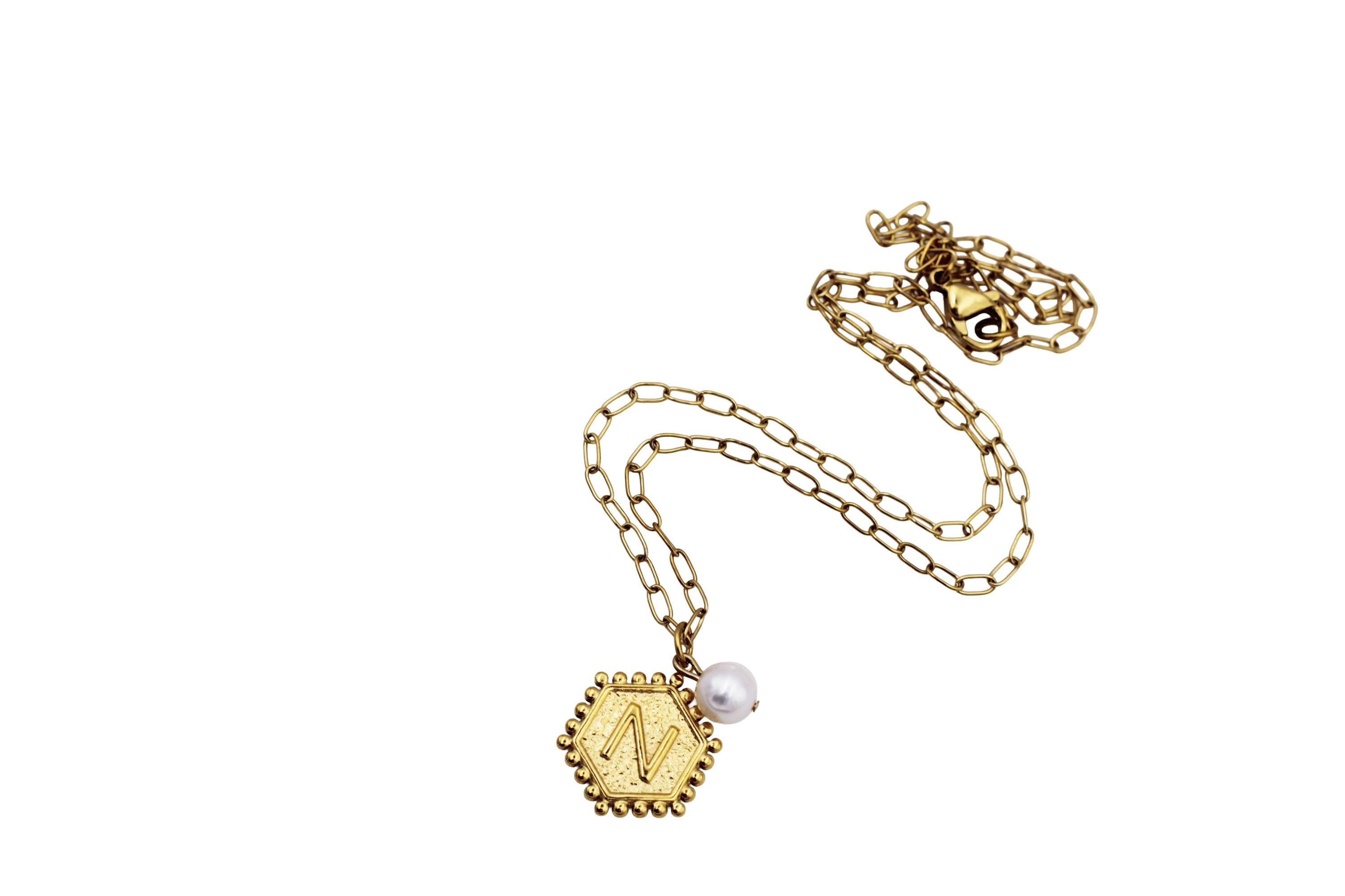 Gold N and Heart Double Sided Charm & Pearl Necklace
