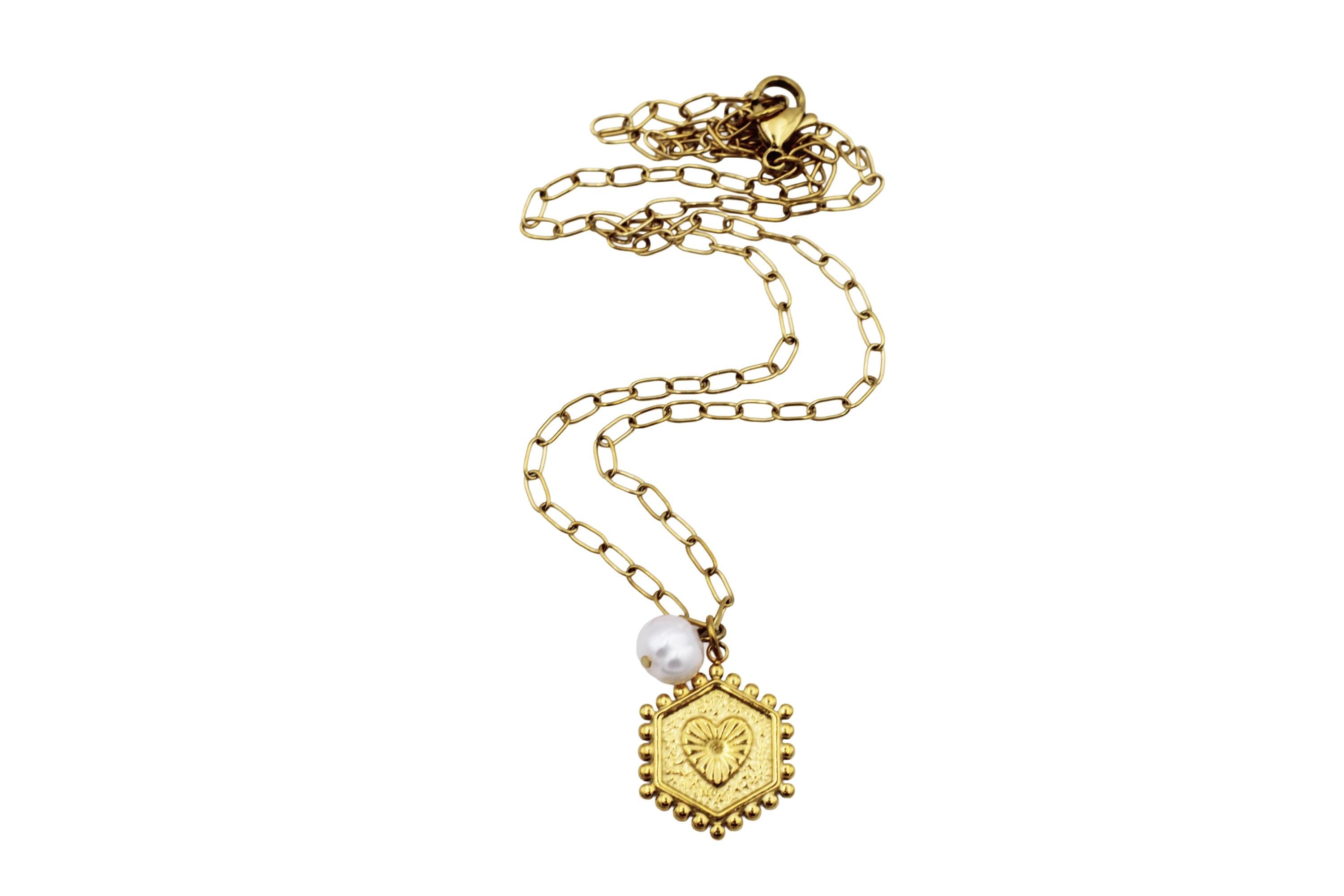 Gold N and Heart Double Sided Charm & Pearl Necklace