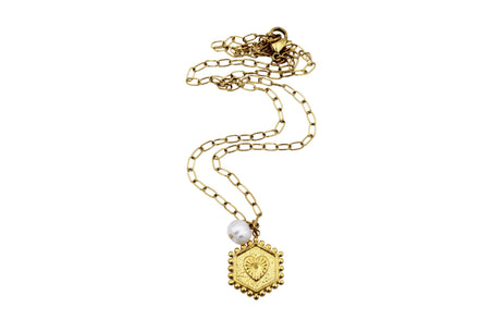 Gold N and Heart Double Sided Charm & Pearl Necklace