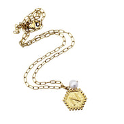 Gold N and Heart Double Sided Charm & Pearl Necklace