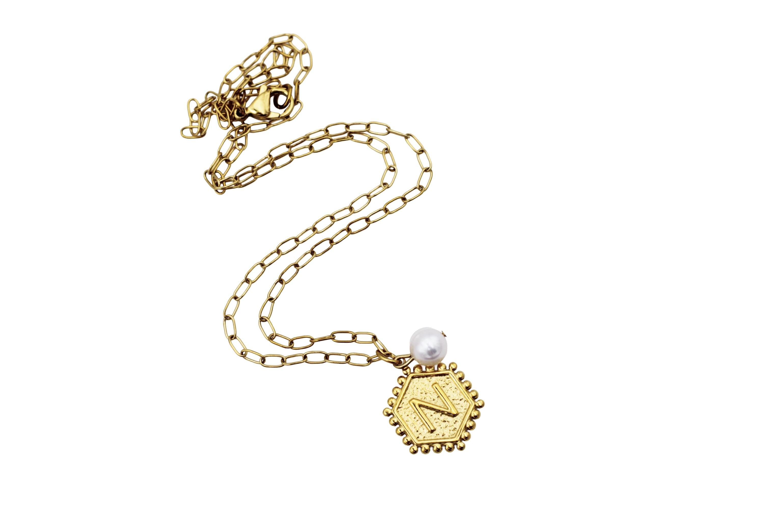 Gold N and Heart Double Sided Charm & Pearl Necklace