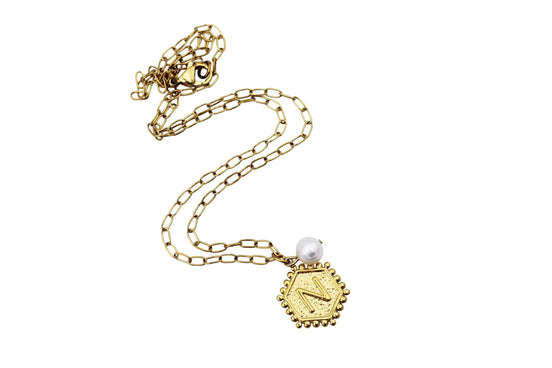 Gold N and Heart Double Sided Charm & Pearl Necklace