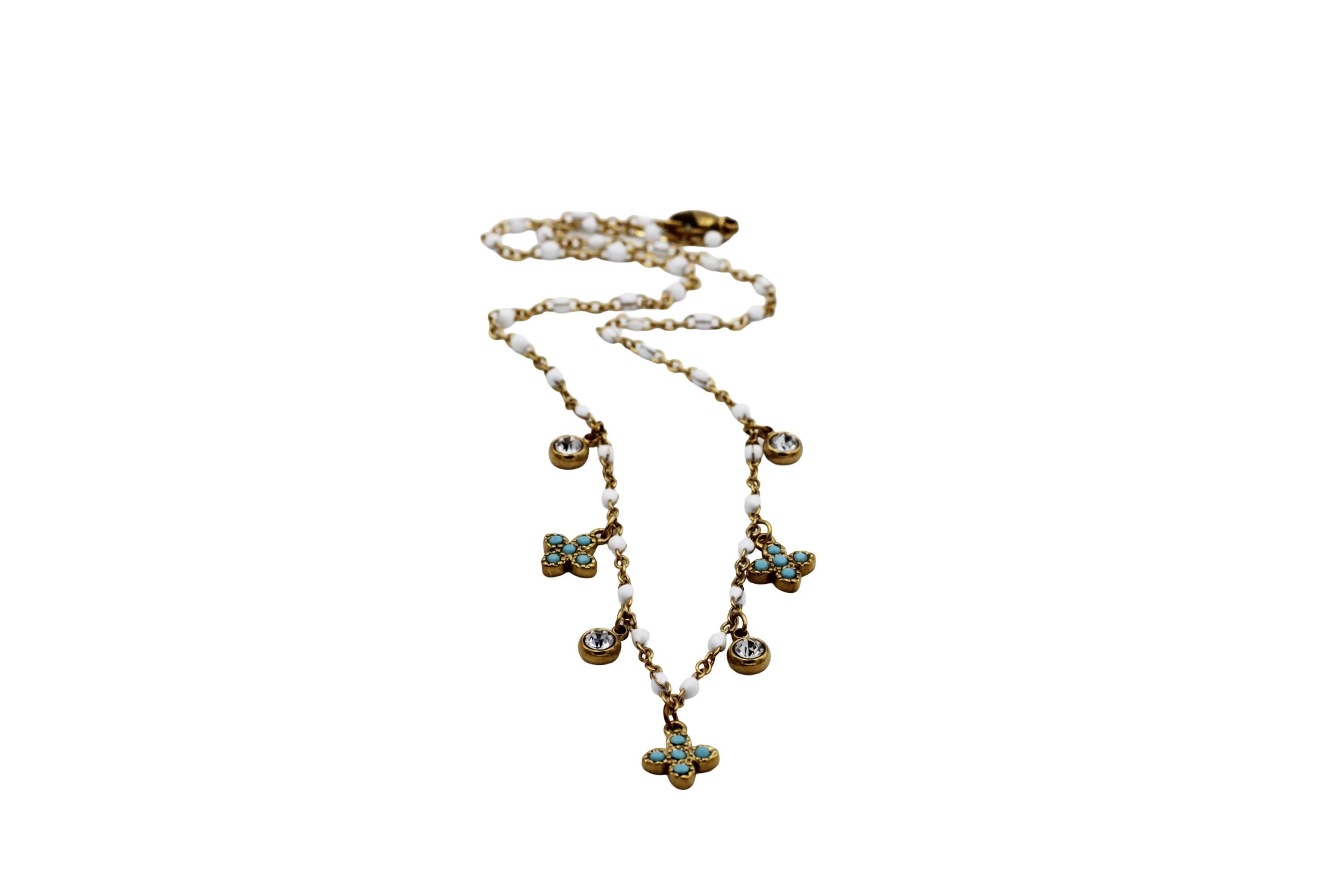 Turquoise Quatrefoil & Rhinestone Multi Charm Necklace