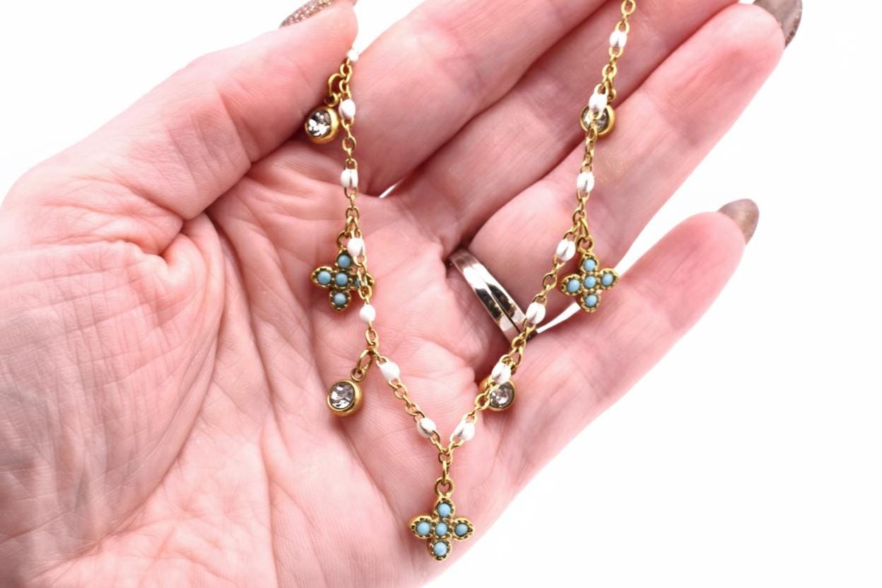 Turquoise Quatrefoil & Rhinestone Multi Charm Necklace