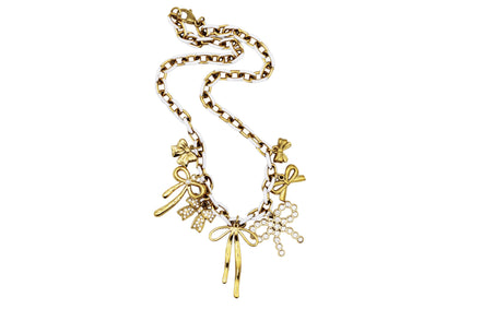 Gold & White Bow Multi Charm Necklace