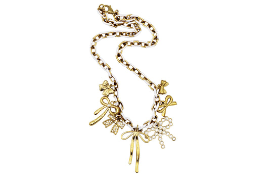 Gold & White Bow Multi Charm Necklace
