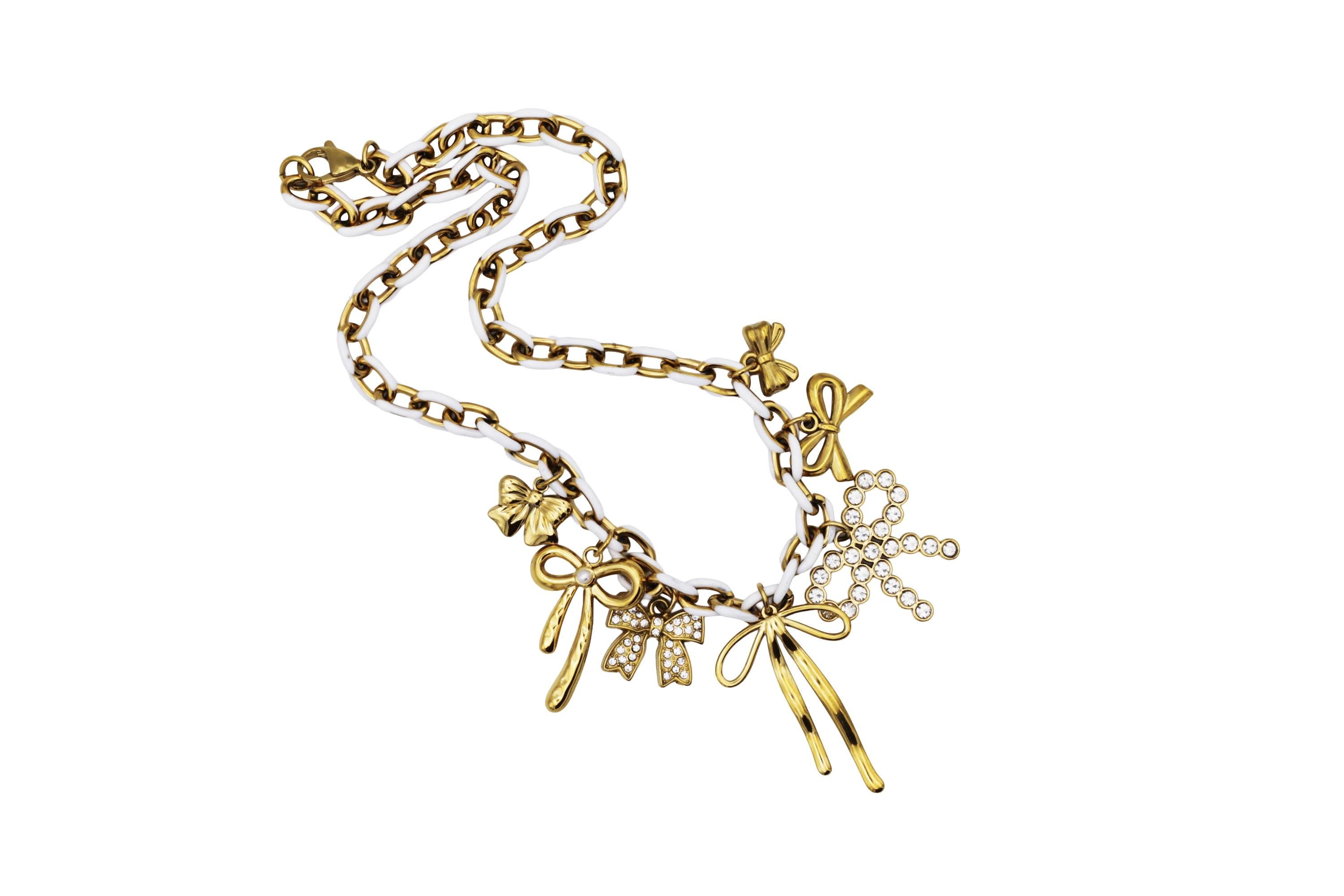 Gold & White Bow Multi Charm Necklace