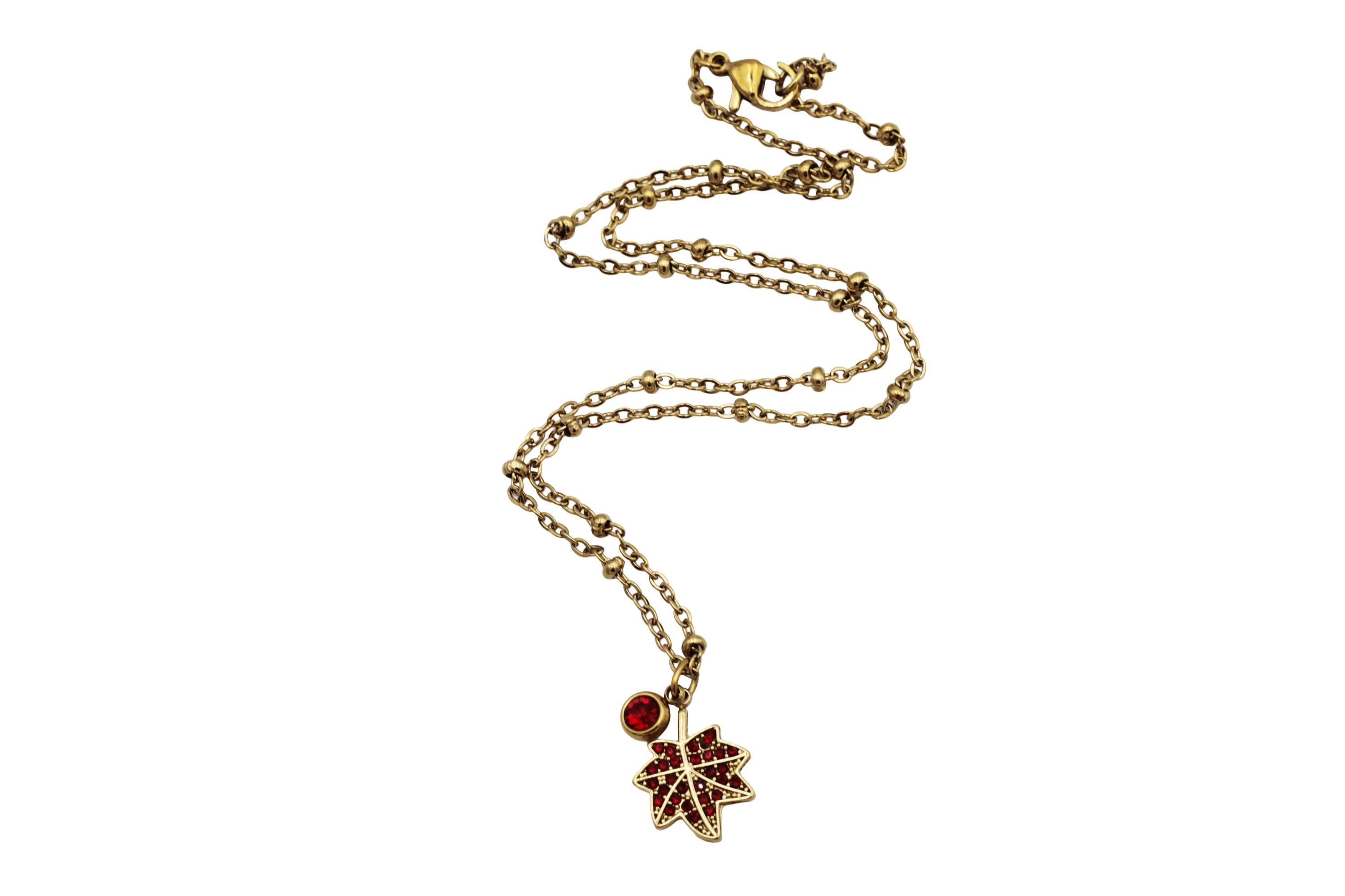 Red Rhinestone Leaf Charm Necklace