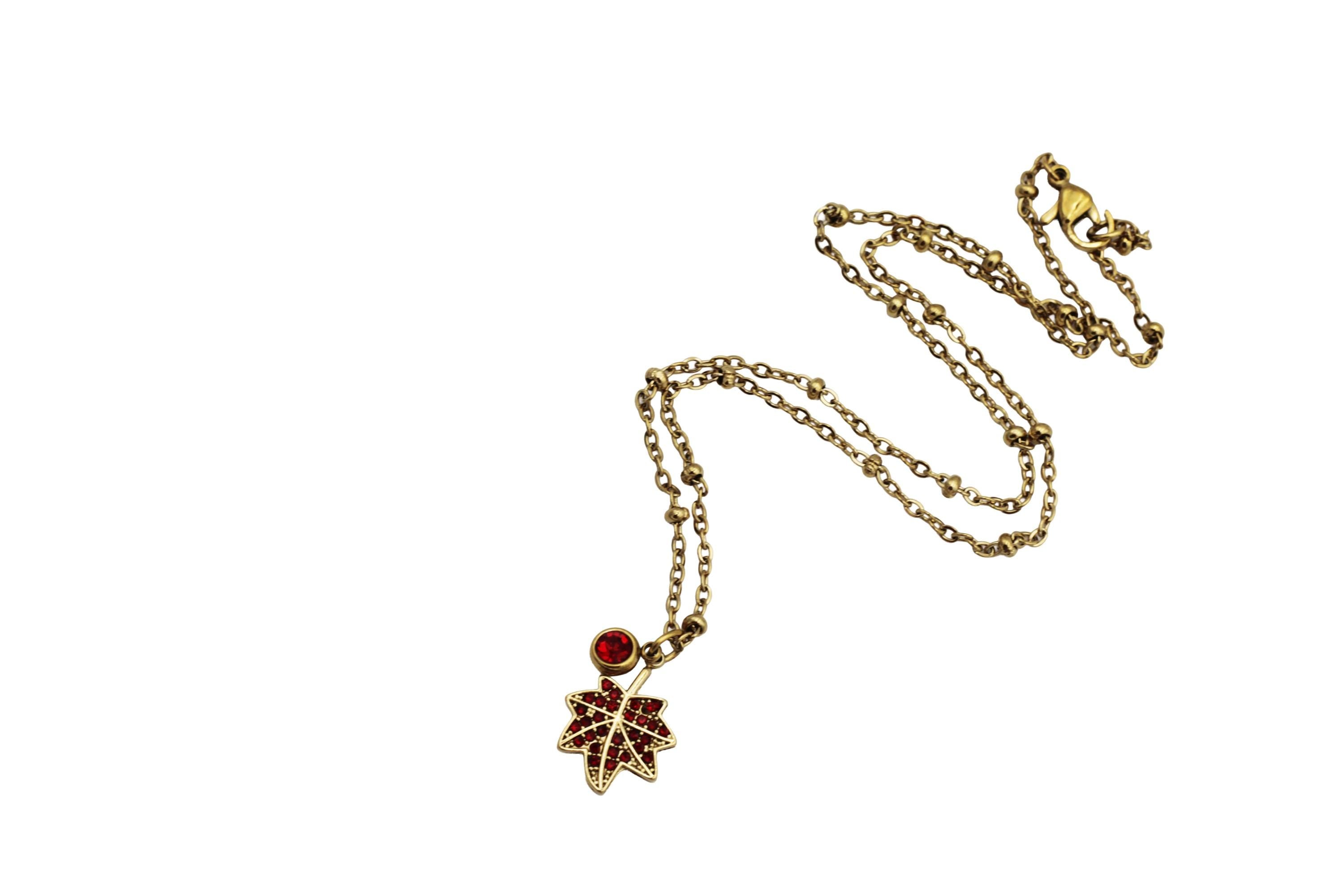 Red Rhinestone Leaf Charm Necklace