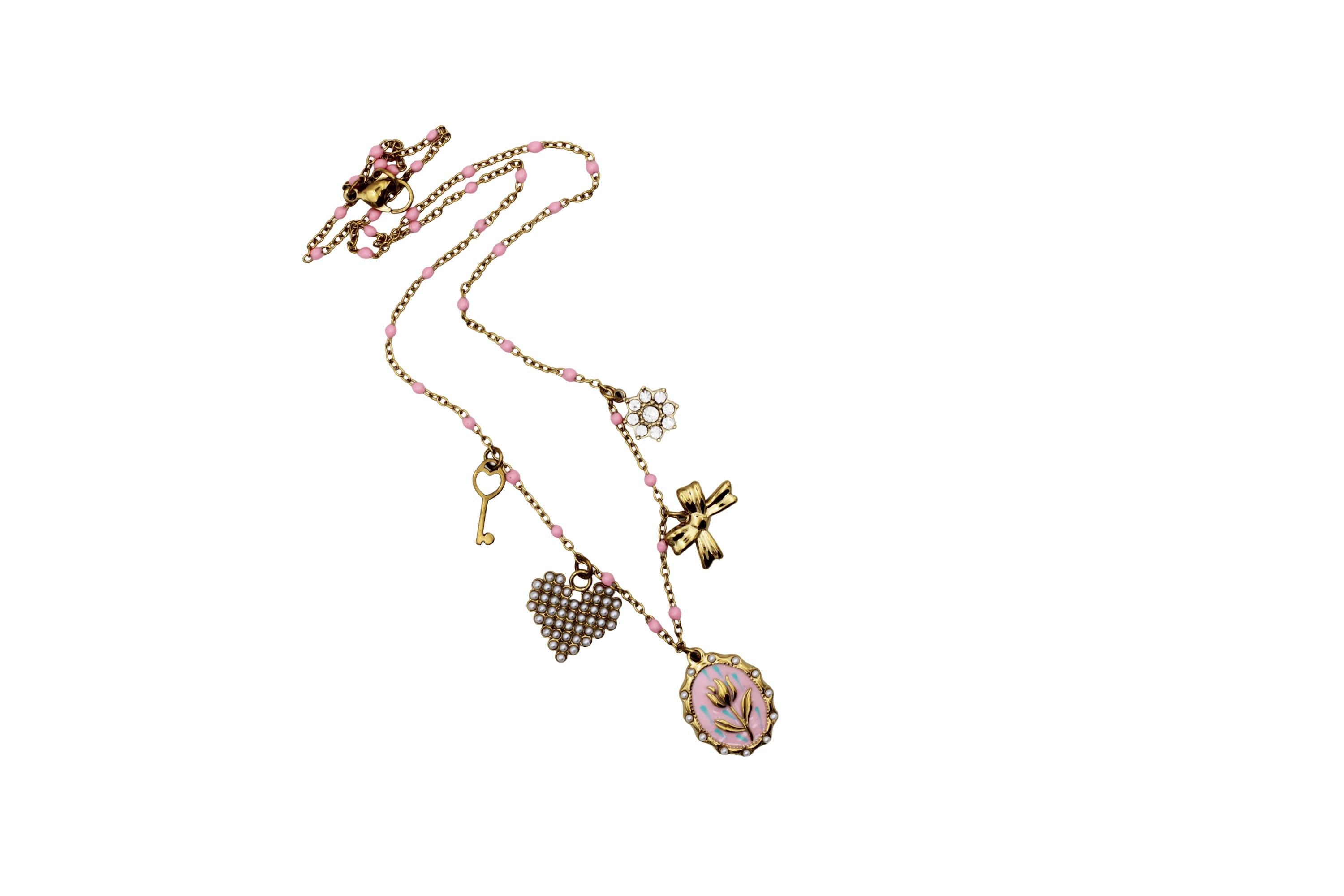 Rose, Bow, Heart Multi Charm Necklace