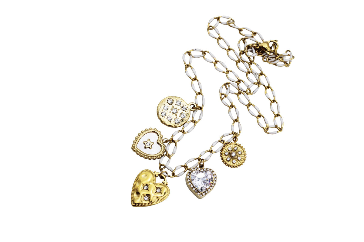 Gold & White Heart Multi Charm Necklace