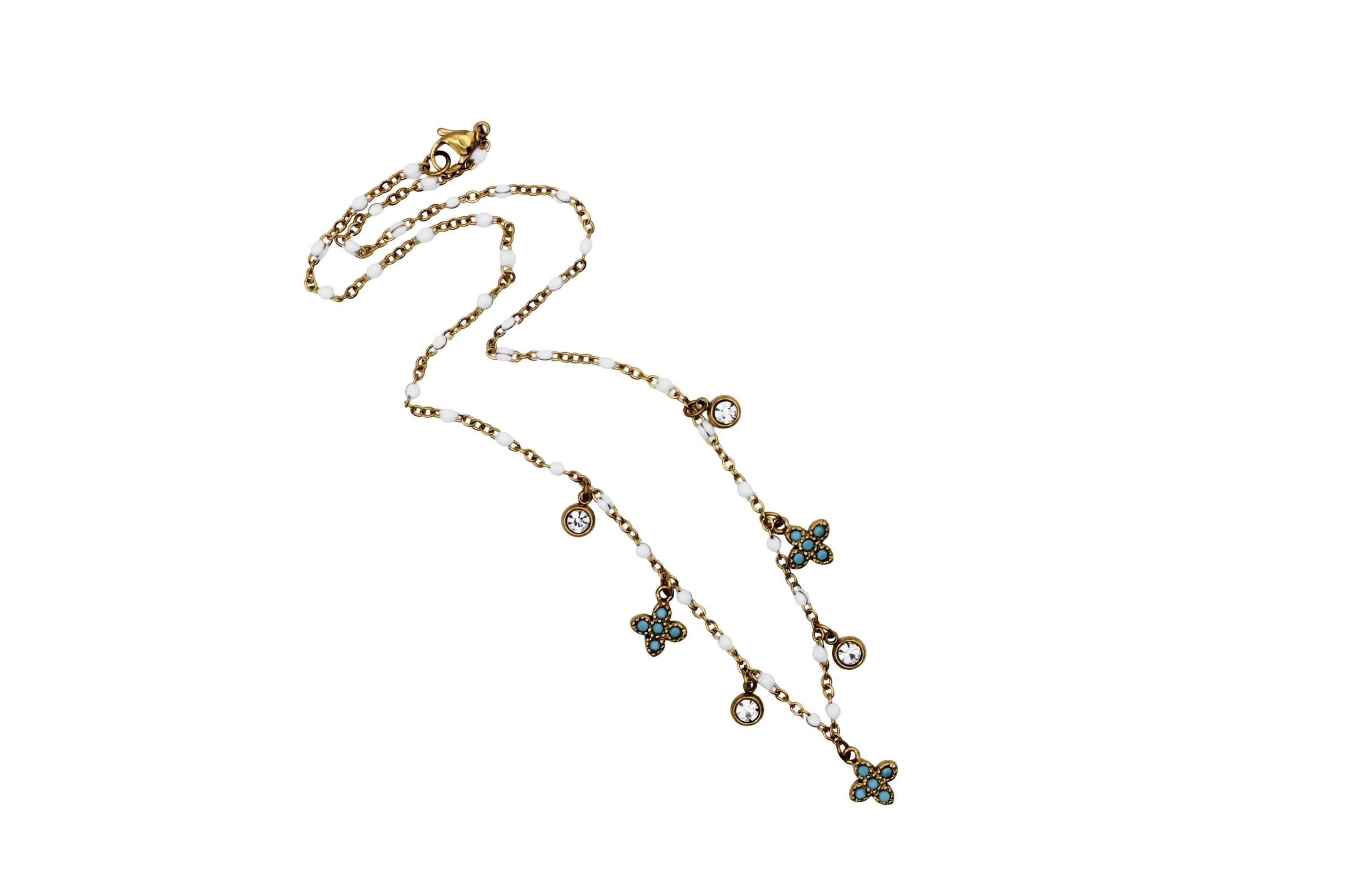 Turquoise Quatrefoil & Rhinestone Multi Charm Necklace