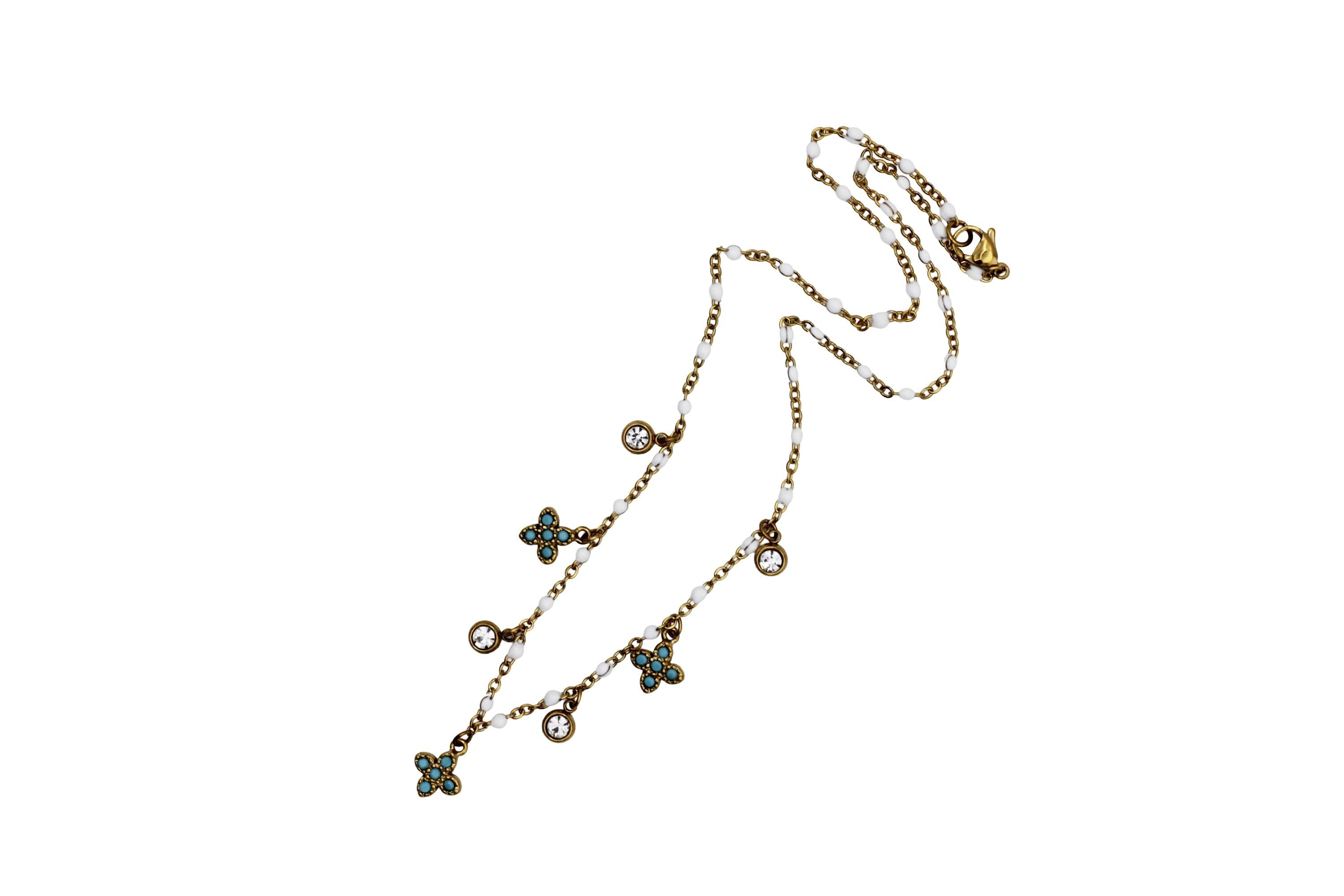 Turquoise Quatrefoil & Rhinestone Multi Charm Necklace