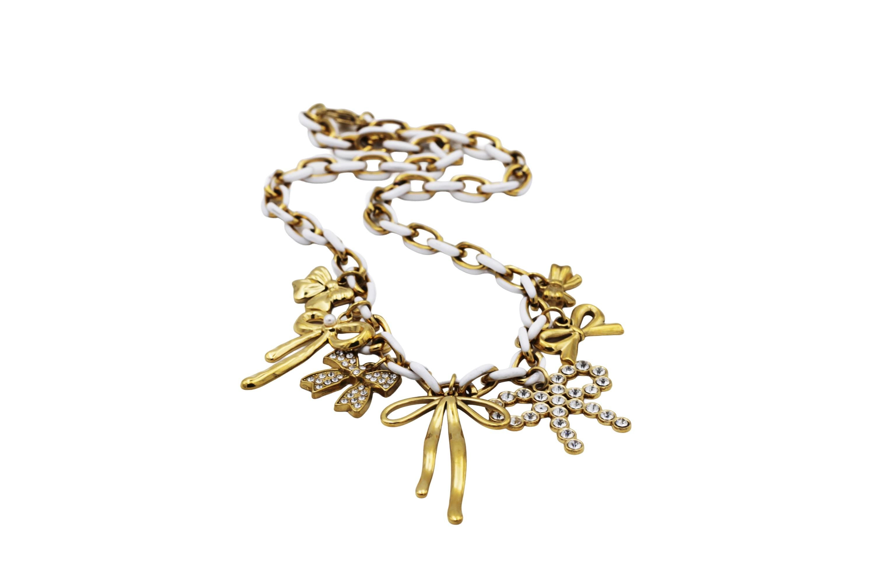 Gold & White Bow Multi Charm Necklace