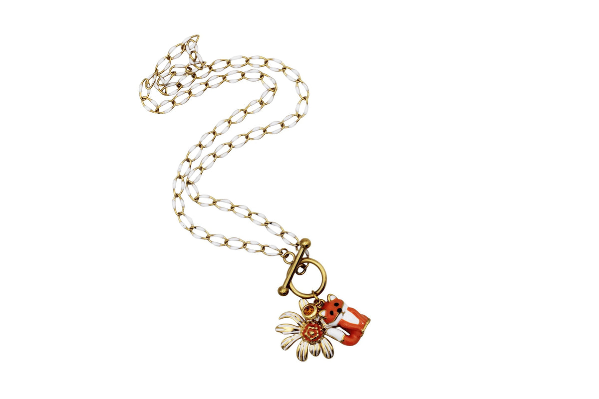 Orange Fox & Flower Charm Necklace