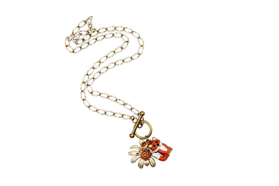 Orange Fox & Flower Charm Necklace