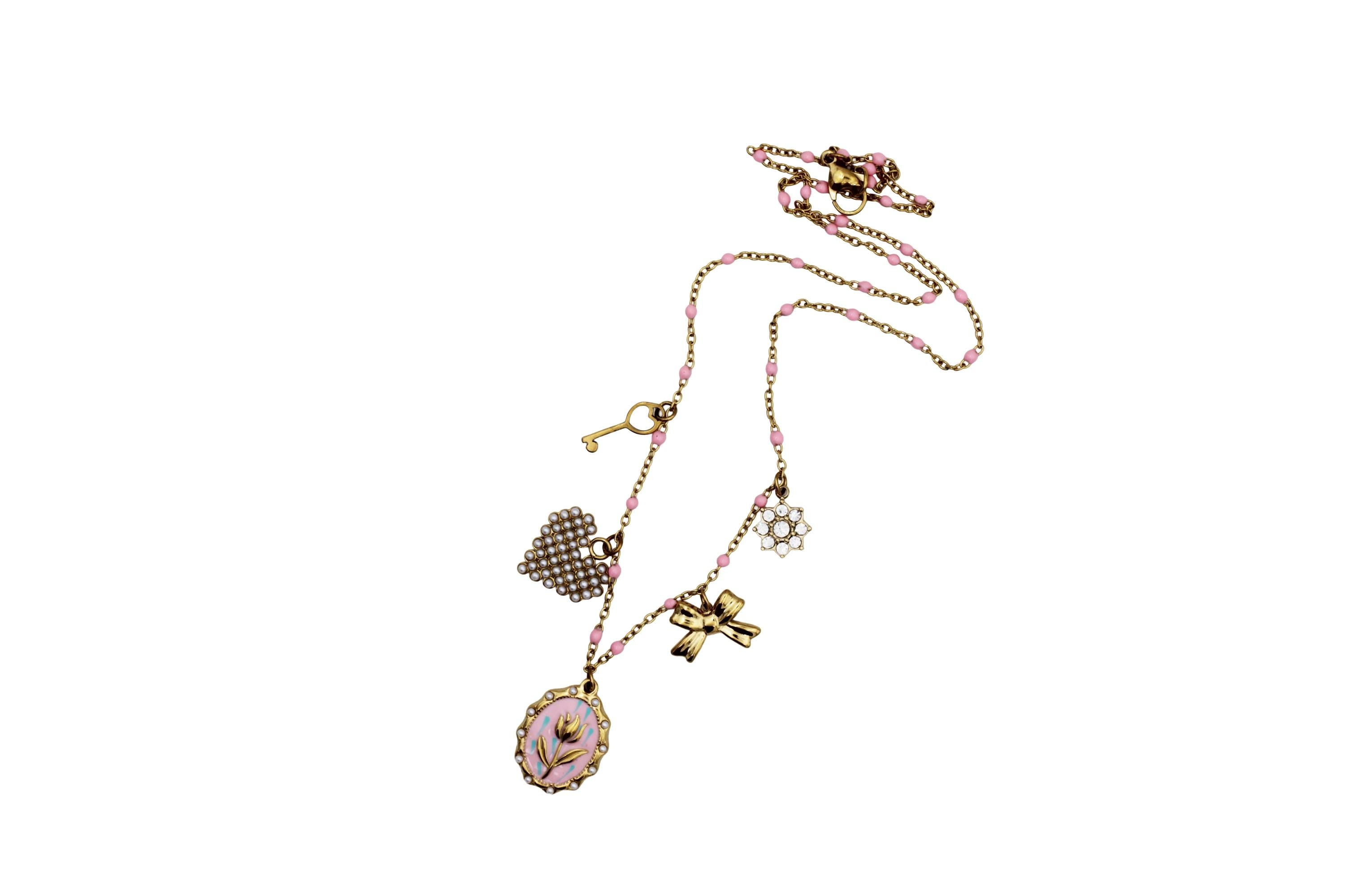 Rose, Bow, Heart Multi Charm Necklace