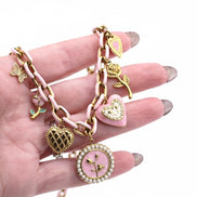 Pink Rose Heart Multi Charm Necklace