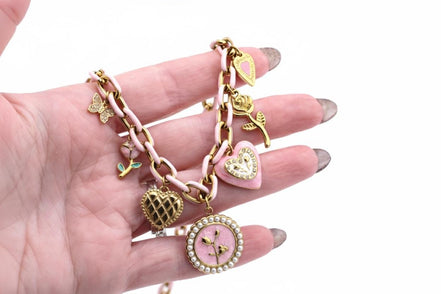 Pink Rose Heart Multi Charm Necklace