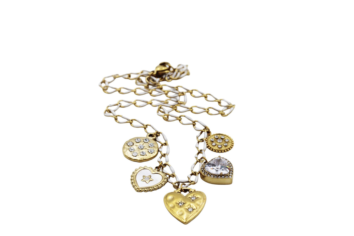 Gold & White Heart Multi Charm Necklace