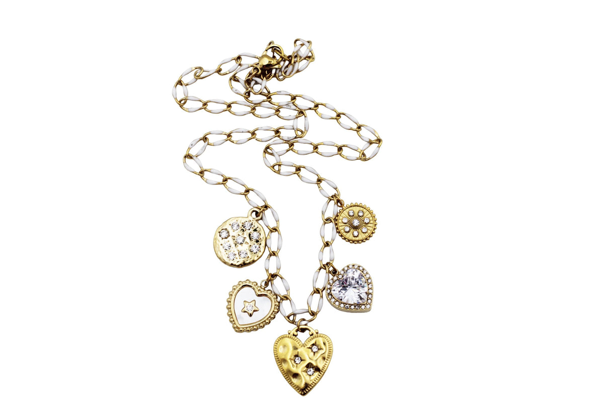 Gold & White Heart Multi Charm Necklace