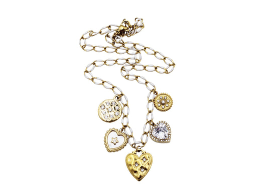 Gold & White Heart Multi Charm Necklace
