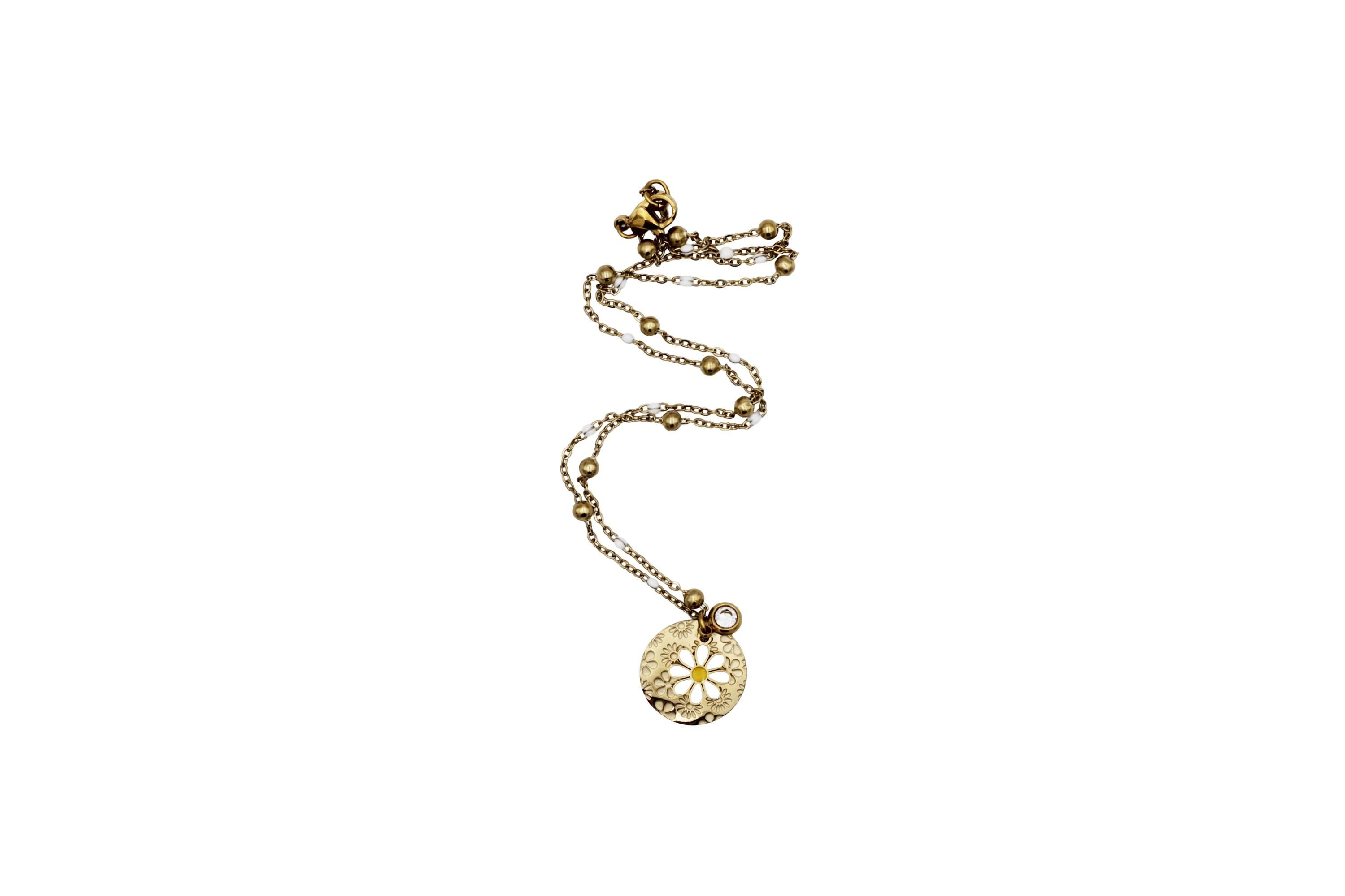 Gold Enamel Daisy & Flower Charm Necklace
