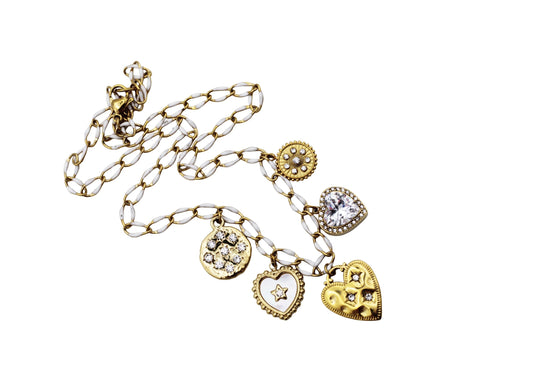 Gold & White Heart Multi Charm Necklace