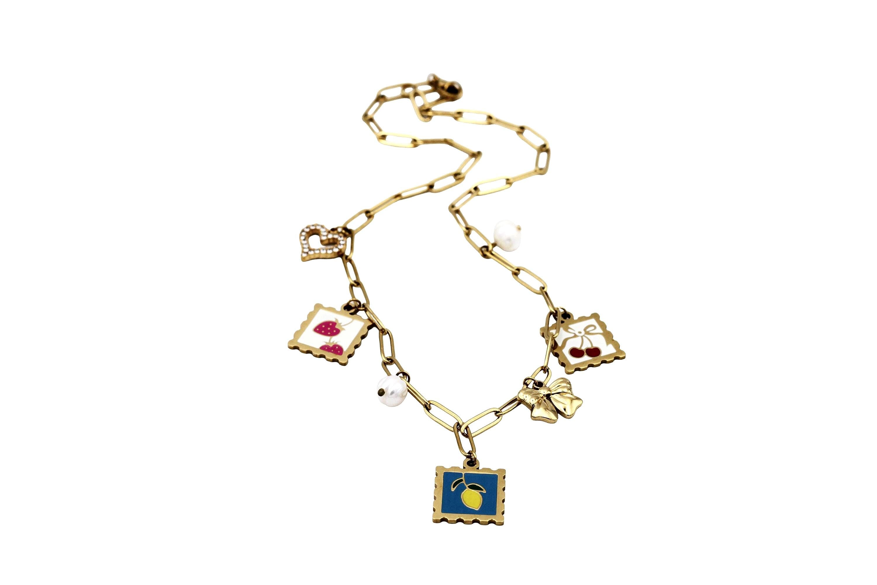 Gold Fruit Stamp Multi Charm Necklace