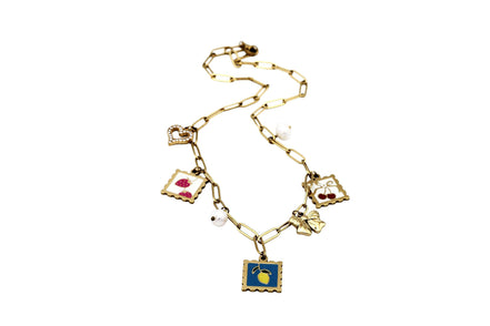 Gold Fruit Stamp Multi Charm Necklace